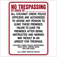 Coconut Creek Trespass program sign  18x24 